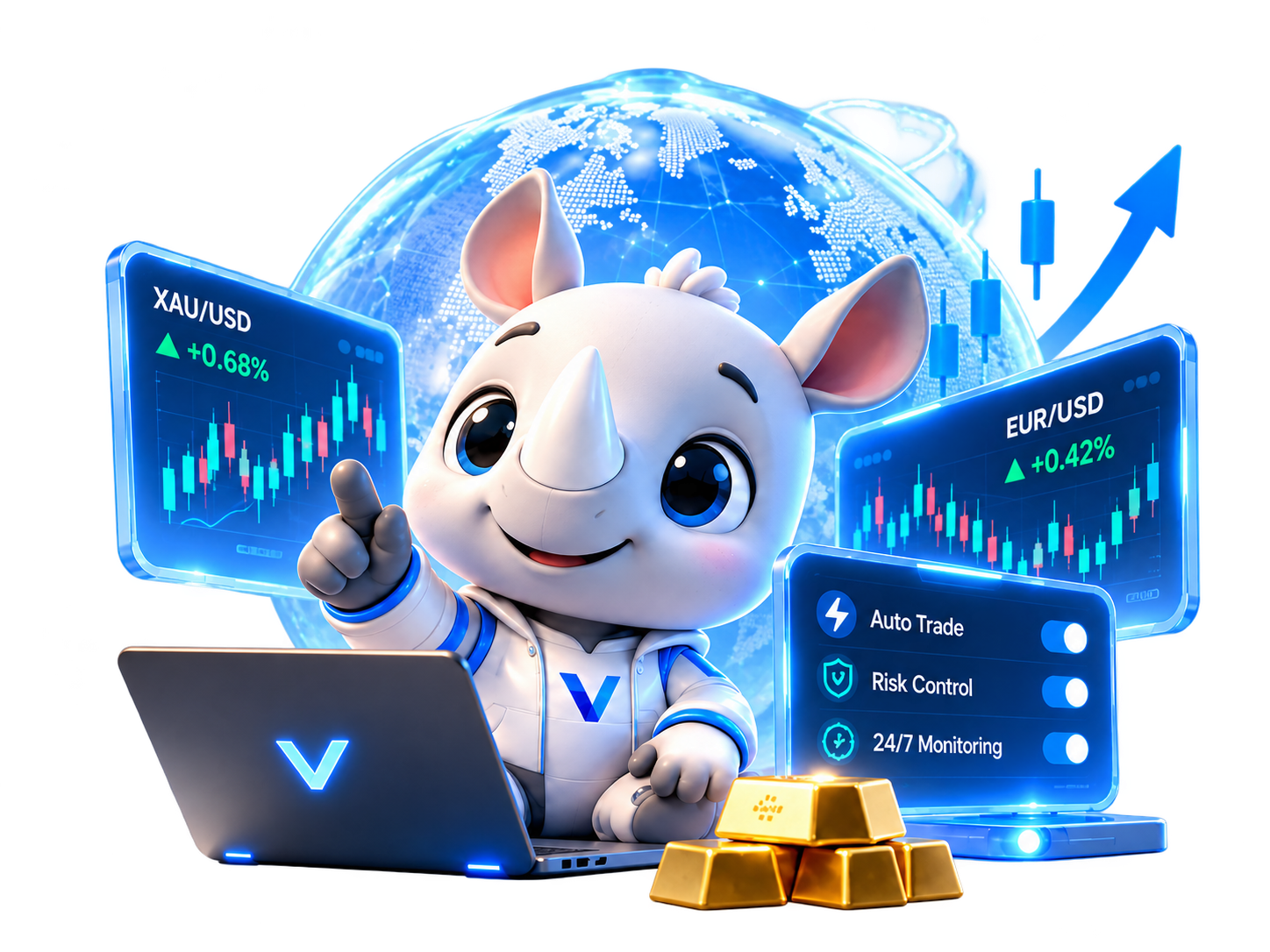 Veltora rhino mascot with trading screens, laptop and gold bars